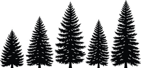 Obraz premium Pine Tree Silhouette Vector Collection Featuring Detailed Black Evergreen Conifer Fir and Spruce Trees for Nature Landscape Design and Winter Forest Graphic Elements