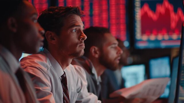 Traders in a stock exchange face a crisis as market prices decline sharply. People show concern while monitoring screens displaying red numbers and graphs.