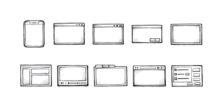 Collection of hand-drawn UI elements and interface windows for web and app design