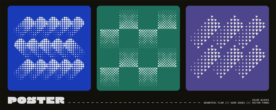 Poster pattern abstract with geometry dither layout and shape design geometric. Cover modern brutal with figure dot gradient and rhythm round distortion. Brutalist aesthetic flyer.