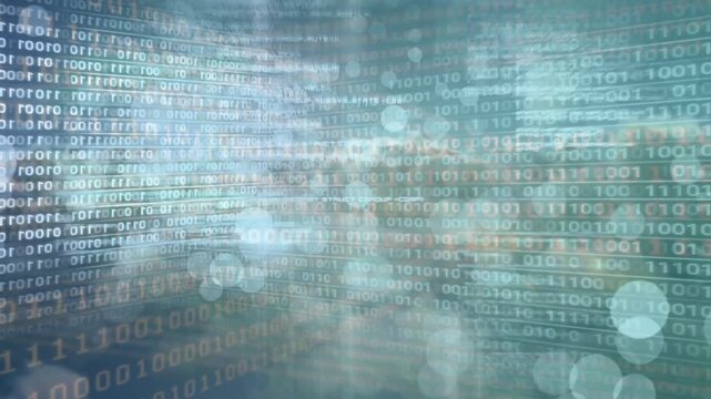 Animation of binary coding and data processing over blue eye