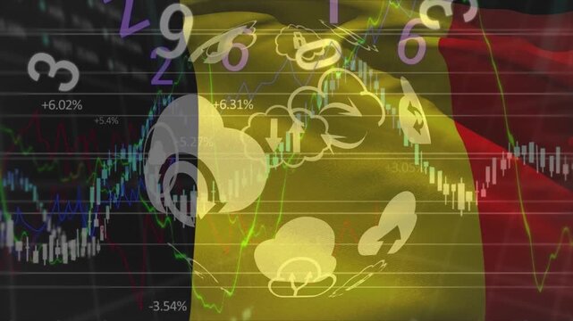 Animation of financial data processing with globe and numbers over flag of belgium