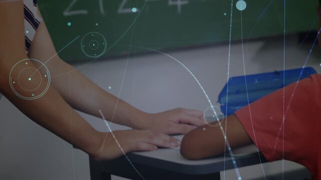 Animation of network of connections over schoolboy writing