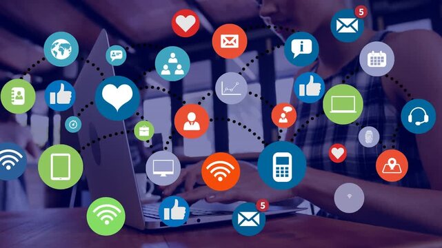 Network of digital icons against caucasian girl using laptop in the class at school