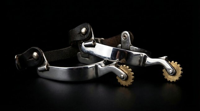 Cowboy Gear: Metal Riding Spurs on Black Background