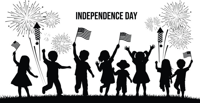 Independence day celebration silhouette with fireworks and american flags