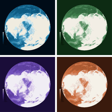 North Polar Globe Bathymetric Ocean Depth Globe - Orthographic Projection - Scalable Multi-Color Seafloor Relief Topography with Depth Legend Showing Continental Shelves Mid-Ocean Ridges and Abyssal