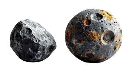 Fototapeta premium Two textured moons or asteroids are isolated against a dark background, one more smooth, the other cratered & colorful