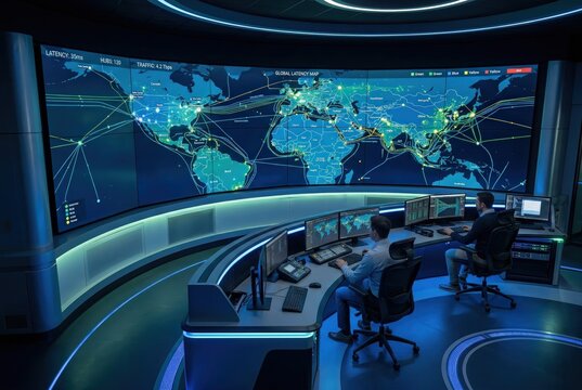 Circular Network Operations Command Center with 270-Degree Display Wall Showing Real-Time Global Network Topology Map for Enterprise Infrastructure Control