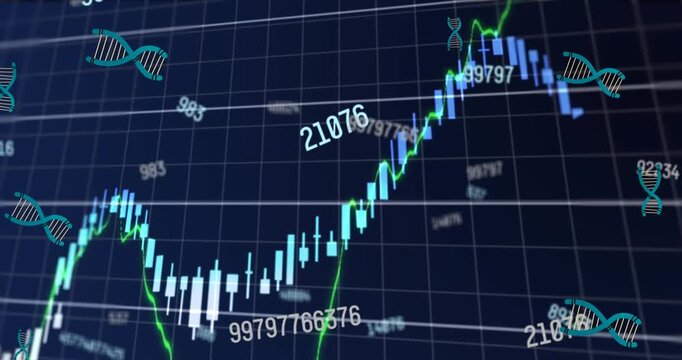 Animation of data processing over dna strands on black background