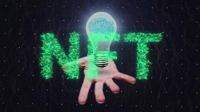 Animation of nft over brain in bulb over woman hand on black background