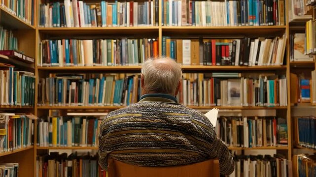 Literary Solitude: An elder individual immersed in reading amidst a collection of knowledge, surrounded by books that inspire curiosity and fuel the mind.