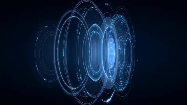 Innovative Scifi Style Holographic Interface Displaying Dynamic Orbiting Rings And Energetic Circuits