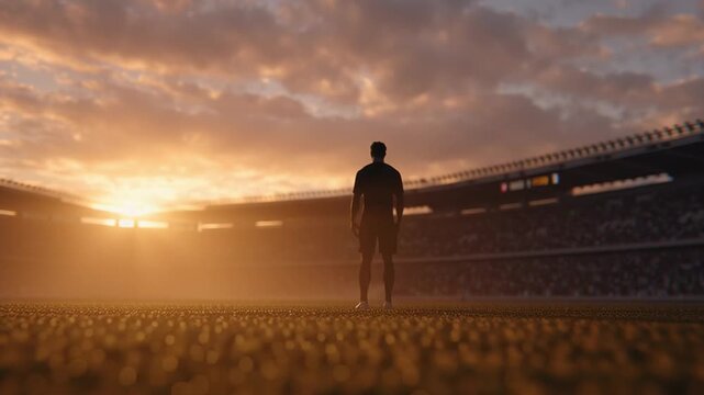 A football player stands alone on the field as the sun sets behind a stadium. The scene captures the moment with vibrant colors filling the sky. Fans may be present but the focus is on the player.