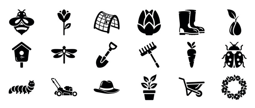 Garden tools and insects icons arranged on white background