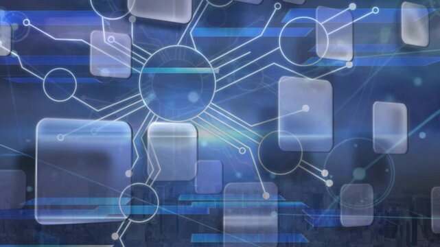 Animation of network of connections and digital interface over blue background