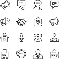 Fototapeta premium Set of Silhouette Block outline icons related to pr, public relations. Linear icon collection. Editable stroke. Vector illustration no Background