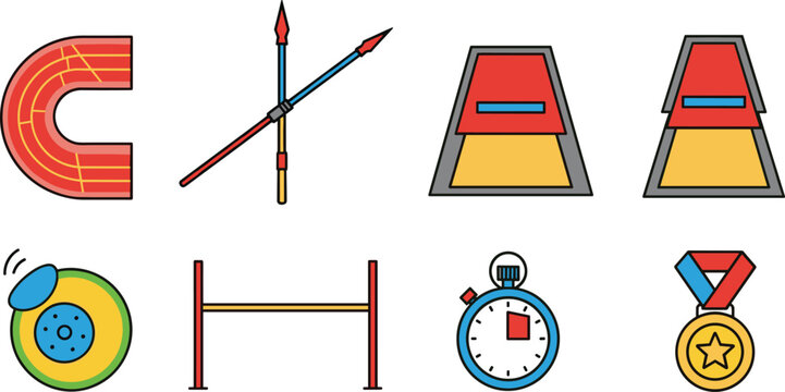 Athletics Track and Field Icon Set with Running Track Javelin Sand Pit Discus High Jump Stopwatch and Medal for Sports Competition Training Design