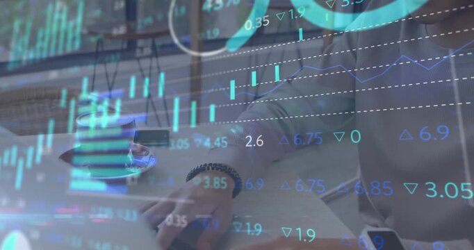 Animation of mathematical equations over businessman using computer