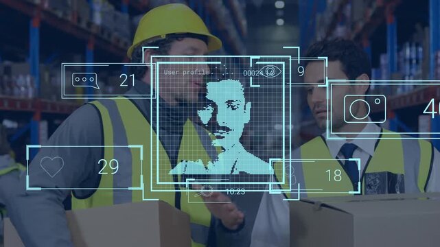 Animation of network of connected businessman green arrow over computer server arrow