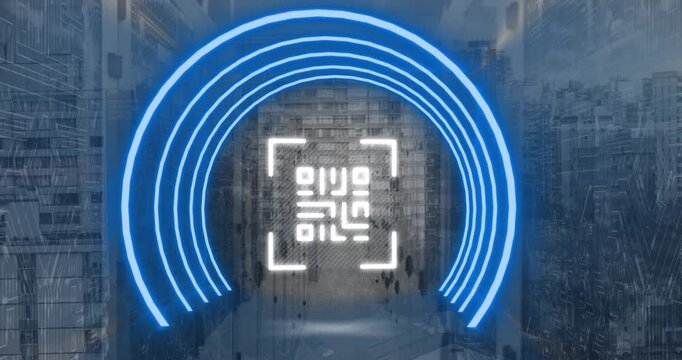 Animation of neon semi circles with qr code against office building