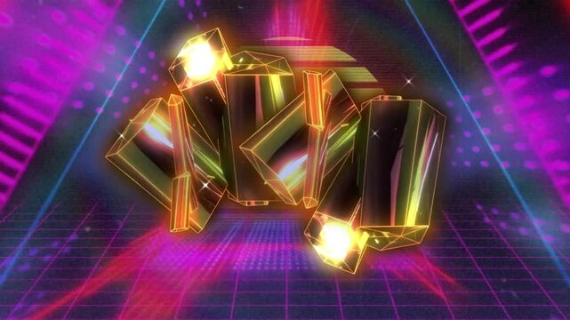 Animation of setting sun in looping triangles with abstract pattern over moving dots in background