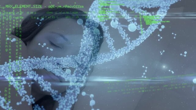 Animation of caucasian woman sleeping on bed with nucleotides, programming language and dna molecule