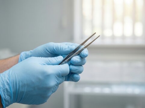 Doctor's hands in gloves holding surgical forceps