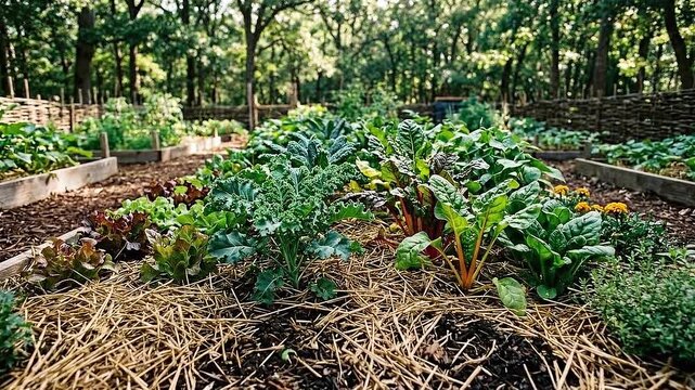 Regenerative gardening raised bed vegetable garden with kale chard lettuce leafy greens herbs straw mulch dappled forest light peaceful sustainable
