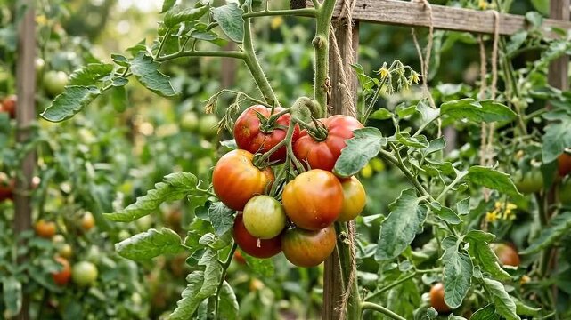 Regenerative gardening homegrown tomato cluster ripe vine vegetable harvest backyard garden with trellis and green foliage showcasing sustainable