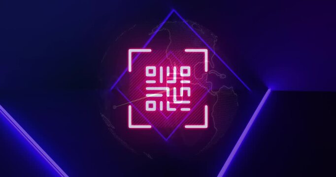 Animation of pink neon qr code, blue neon lights and connected media icons on black background