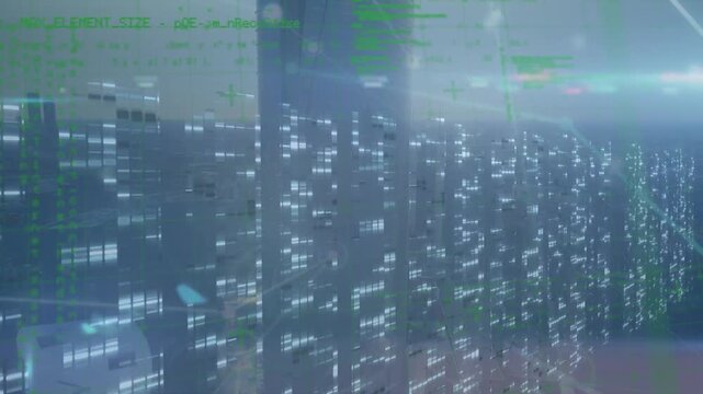 Animation of digital screen with lights, connections, data processing and cityscape