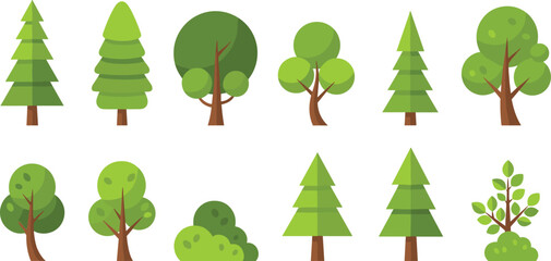 Minimalist Tree and Shrub Vector Collection Featuring Flat Design and Line Art Styles of Deciduous and Coniferous Evergreen Trees for Environment Infographics and Web Backgrounds © MdRoni