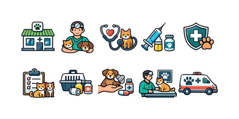 Obraz premium Veterinary clinic icons showing animal care, medical treatment, and emergency services
