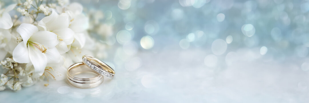 Gold wedding rings with  diamonds and white lily flowers,  bokeh lights panoramic background with copy space for text, elegant wedding header or web banner