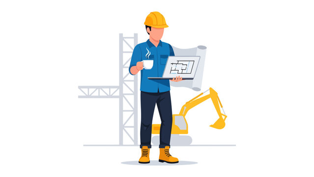Architect at Work: An architect, clad in a safety helmet, studies a blueprint, cup in hand, against a backdrop of ongoing construction.