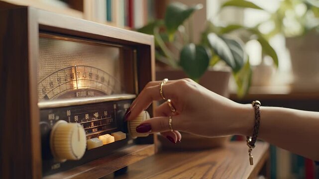 Close-up of a hand tuning a vintage radio with illuminated dial and buttons
