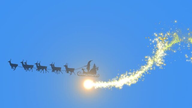 Caucasian santa claus in sleigh being pulled by reindeers against snow falling over light trails