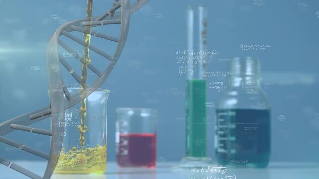 Animation of mathematical equations and dna strand over beakers