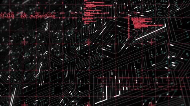 Animation of computer circuit board over data processing on black background