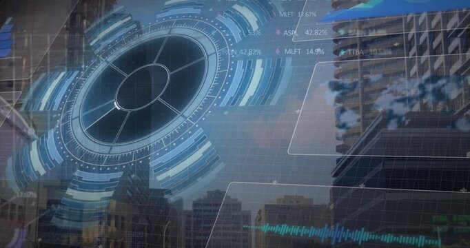 Animation of data processing over cityscape
