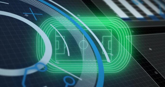 Animation of data processing over digital stadium on black background