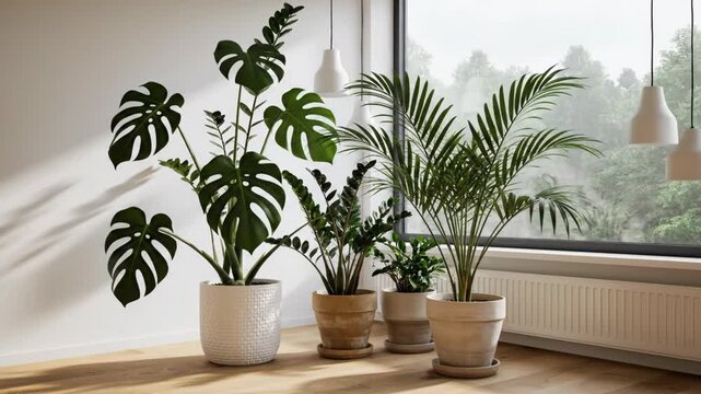 Modern bright living room interior with lush green potted plants