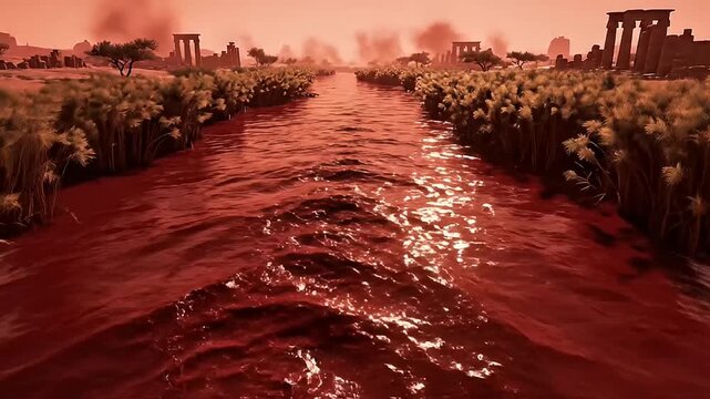 Aerial view of a red-painted canal with water flowing through a cityscape against a smoky pinkish-orange sky with passover greenscreen background