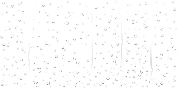 Realistic transparent water droplets, drops, water-drop on wet clear window surface with crystal clarity, fresh liquid drop texture, bubbles and moisture reflection on clear glass surface for design