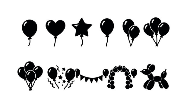 Collection of black balloon icons and party decorations on a white background