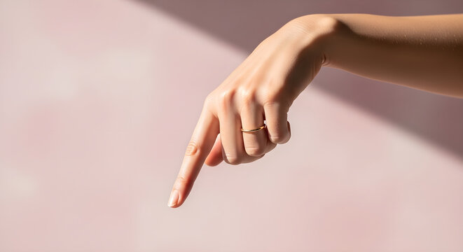 A close-up shot of a woman's hand with a ring on her finger, pointing downwards against a softly lit pink background with shadows