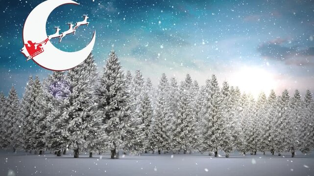 Animation of crescent shape moon, santa sleigh and snowfall over trees with cloudy sky
