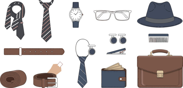 Men fashion accessories set with tie, watch, glasses, hat, belt, wallet, cufflinks and briefcase isolated vector illustration