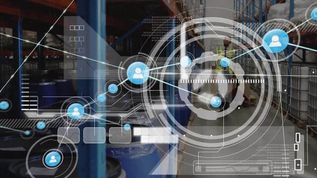 Animation of circles, database, connected icon, caucasian worker pulling pallet jack in warehouse